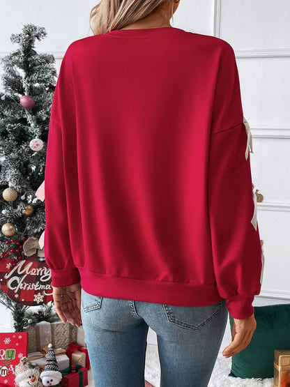 Split-Joint Contrast Color Bow-Embellished Loose Long Sleeves Round-Neck Sweatshirt Tops