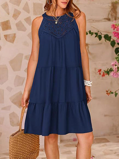 A-Linie Locker Hohl Plissee Einfarbig Split-Joint Rundhals Minikleider 