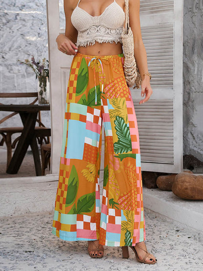 High Waisted Loose Contrast Color Drawstring Pockets Pants Trousers