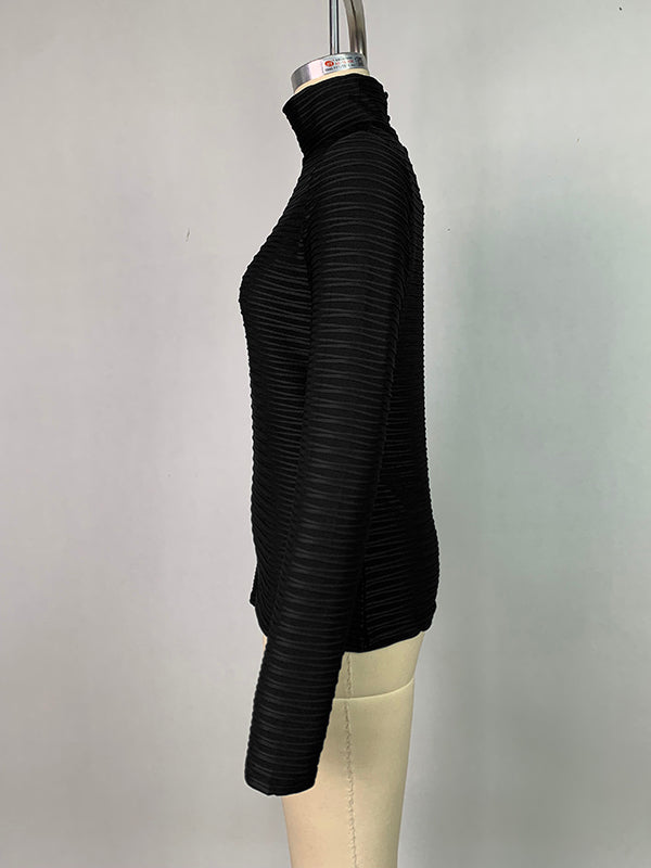 Long Sleeves Skinny Pleated Solid Color Split-Joint High Neck T-Shirts