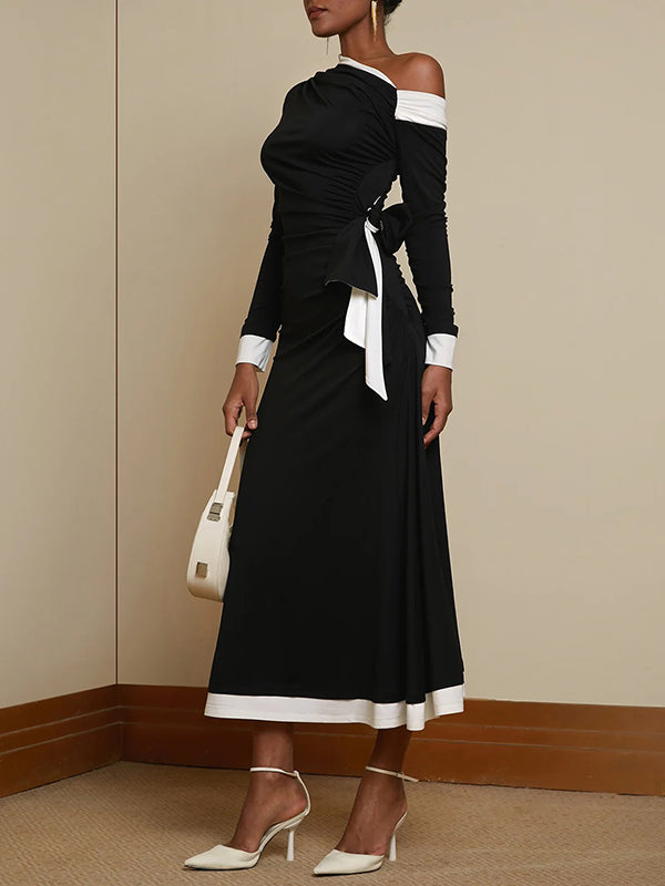 Long Sleeves Asymmetric Contrast Color Pleated Split-Joint One-Shoulder Evening Dresses Maxi Dresses