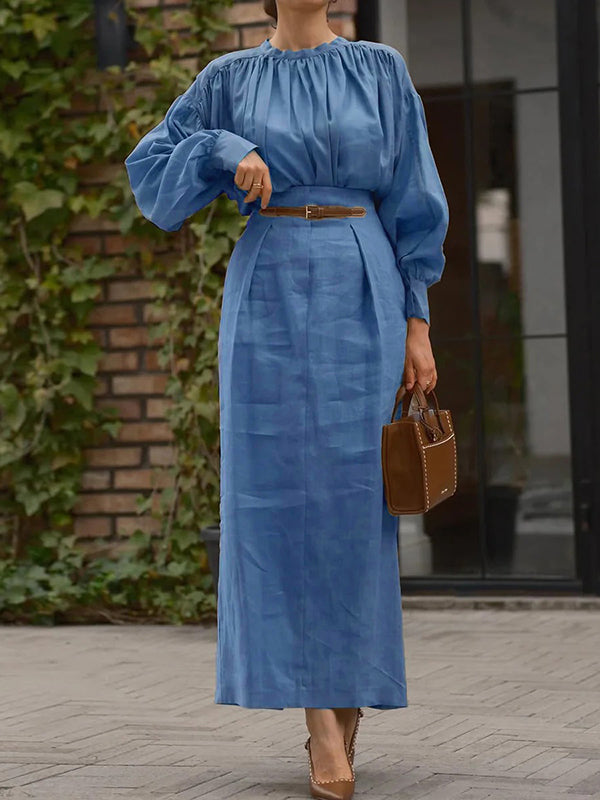 Long Sleeves Pleated Solid Color Split-Joint Round-Neck Blouses&Shirts Tops