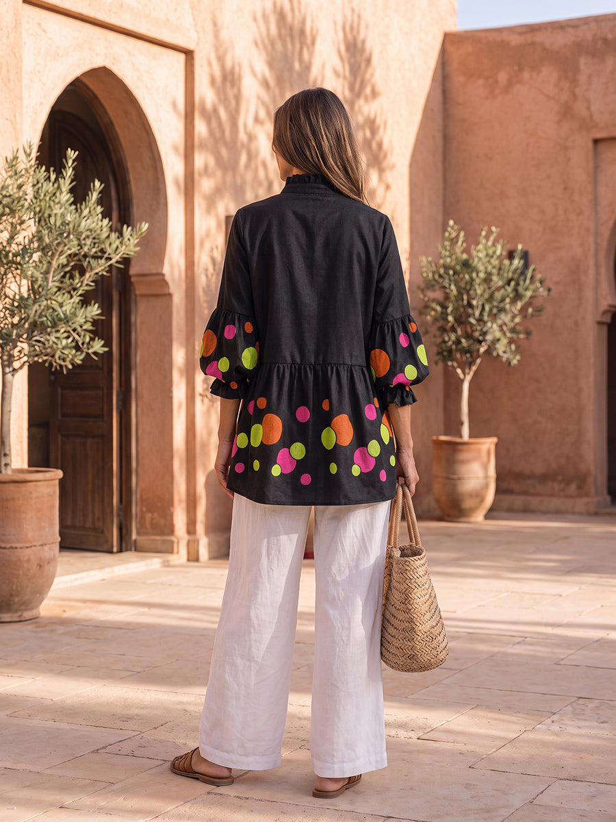 Split-Joint Ruffle Trim Polka-Dot Contrast Color Buttoned Three-quarter Sleeves Puff Sleeves Mock Neck Blouses&shirts Tops