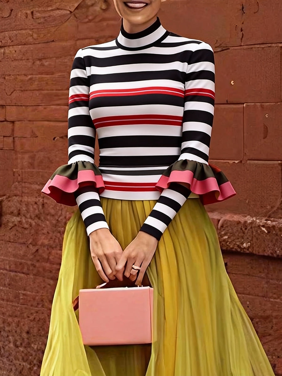 Flared Long Sleeves Contrast Color Split-Joint Striped Half Turtleneck Blouses&Shirts Tops