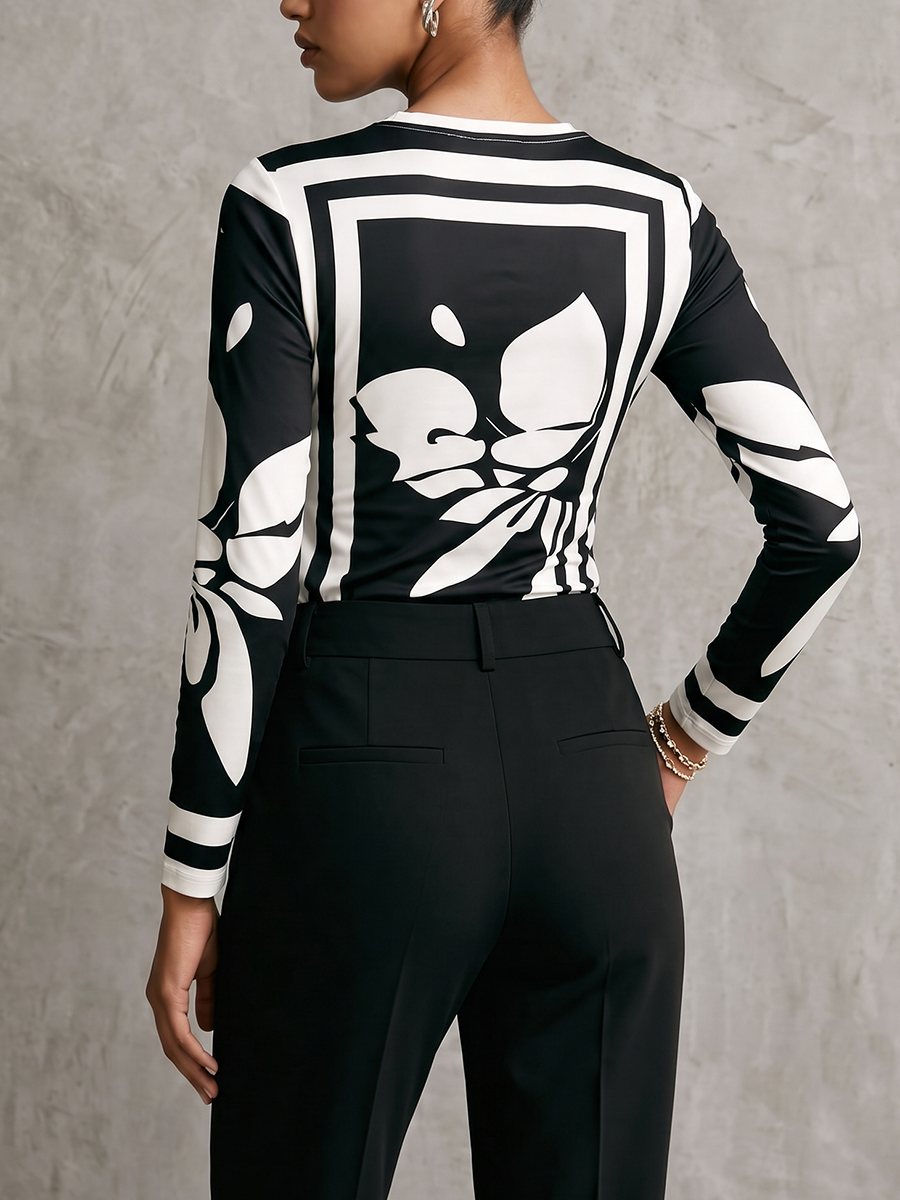 Pleated Flower Print Contrast Color Asymmetric Skinny Long Sleeves Round-neck T-Shirts Tops