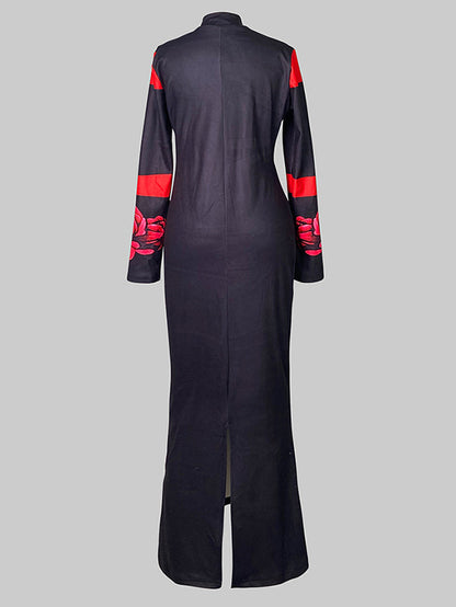 Bodycon Long Sleeves Flower Print High Neck Midi Dresses