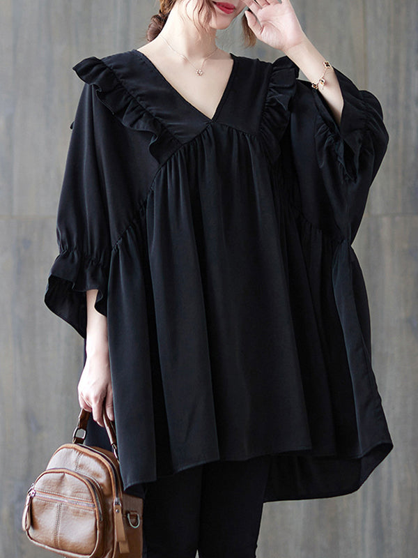 Loose Ruffle Sleeves Ruffled Solid Color Peter Pan Collar Blouses&Shirts Tops