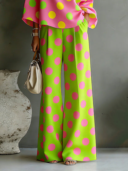 Loose Wide Leg Buttoned Pockets Polka-Dot Pants Trousers