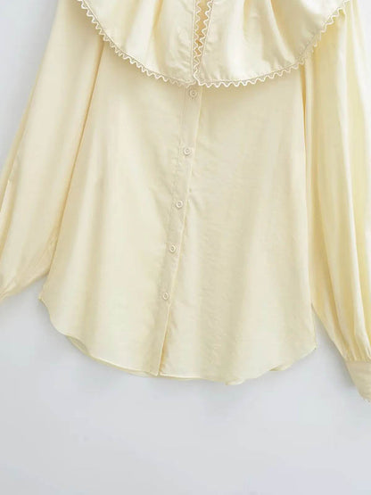 Loose Puff Sleeves Pleated See-Through Solid Color Split-Joint Peter Pan Collar Blouses&Shirts Tops