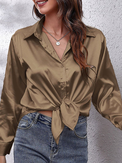 Long Sleeves Loose Solid Color Lapel Blouses DEEP KHAKI