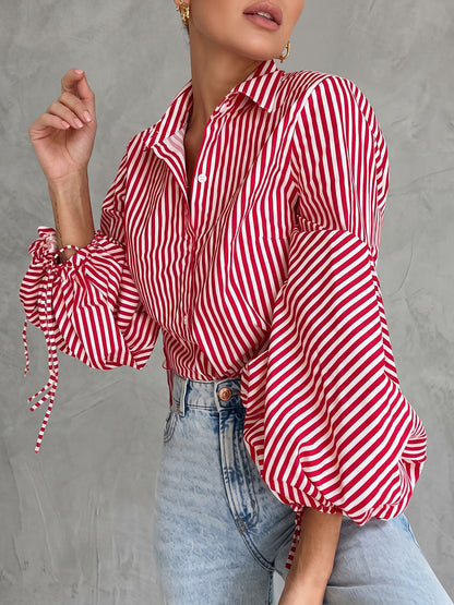 Striped Split-Joint Drawstring Buttoned Puff Sleeves Loose Lapel Blouses&shirts Tops
