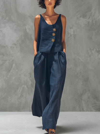 High Waisted Wide Leg Pleated Pockets Solid Color Pants Trousers