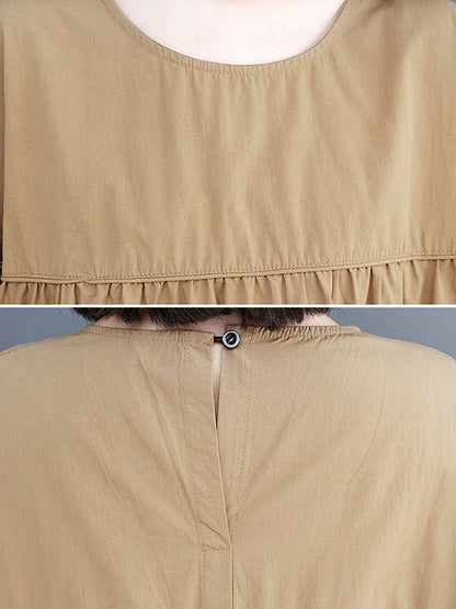 Loose Short Sleeves Solid Color Round-Neck Midi Dresses