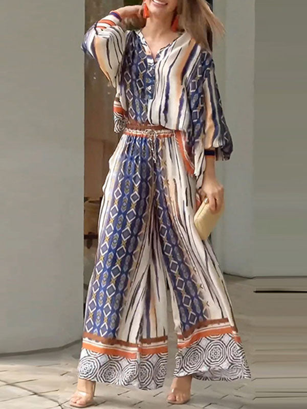 Long Sleeves Loose Printed Lapel Blouses Tops + Drawstring Pockets Pants Bottom Two Pieces Set