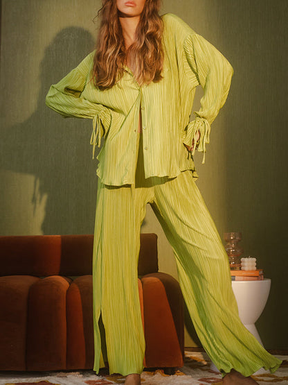 Flared Sleeves Long Sleeves Buttoned Drawstring Pleated Solid Color Split-Side Lapel Shirts Top + Pants Bottom Pajama Sets