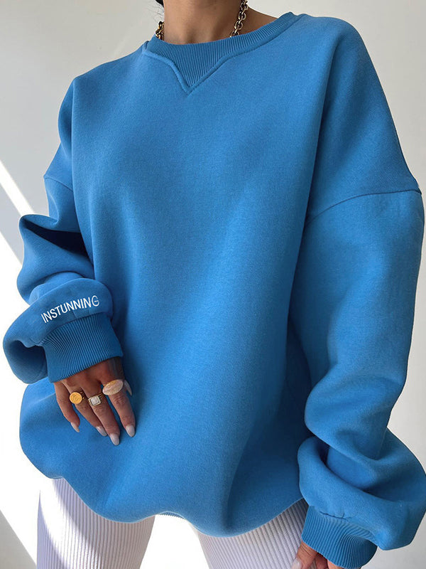 Long Sleeves Loose Letter Print Split-Joint Round-Neck Sweatershirt