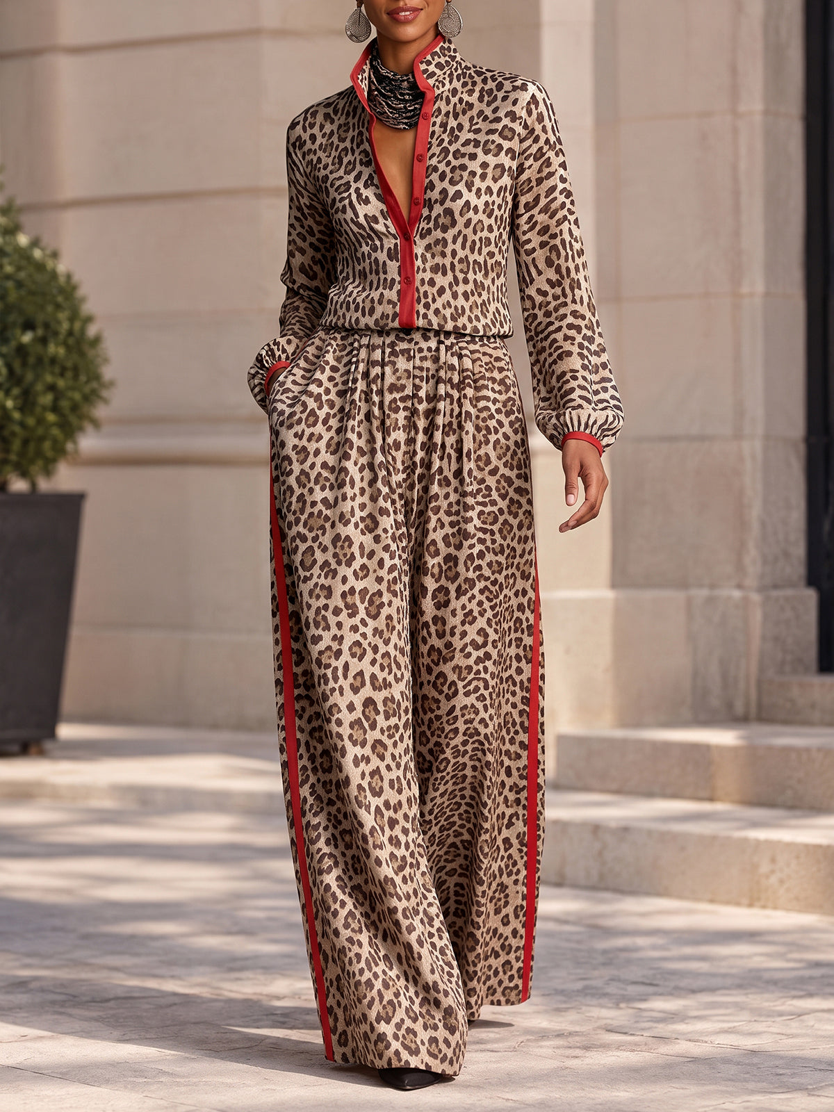 Split-Joint Leopard Contrast Color Buttoned Long Sleeves Stand Collar Blouses&shirts Tops