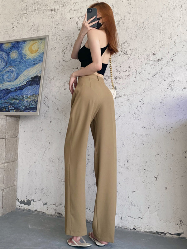 Pantalon urbain taille haute à jambes larges, couleur unie, 6 couleurs 