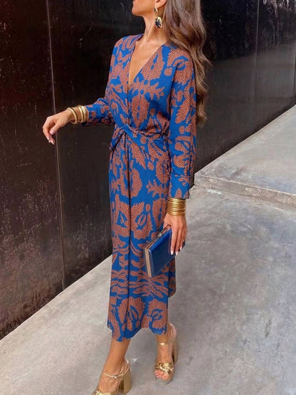 High Waisted Long Sleeves Contrast Color Knot Printed Deep V-Neck Midi Dresses