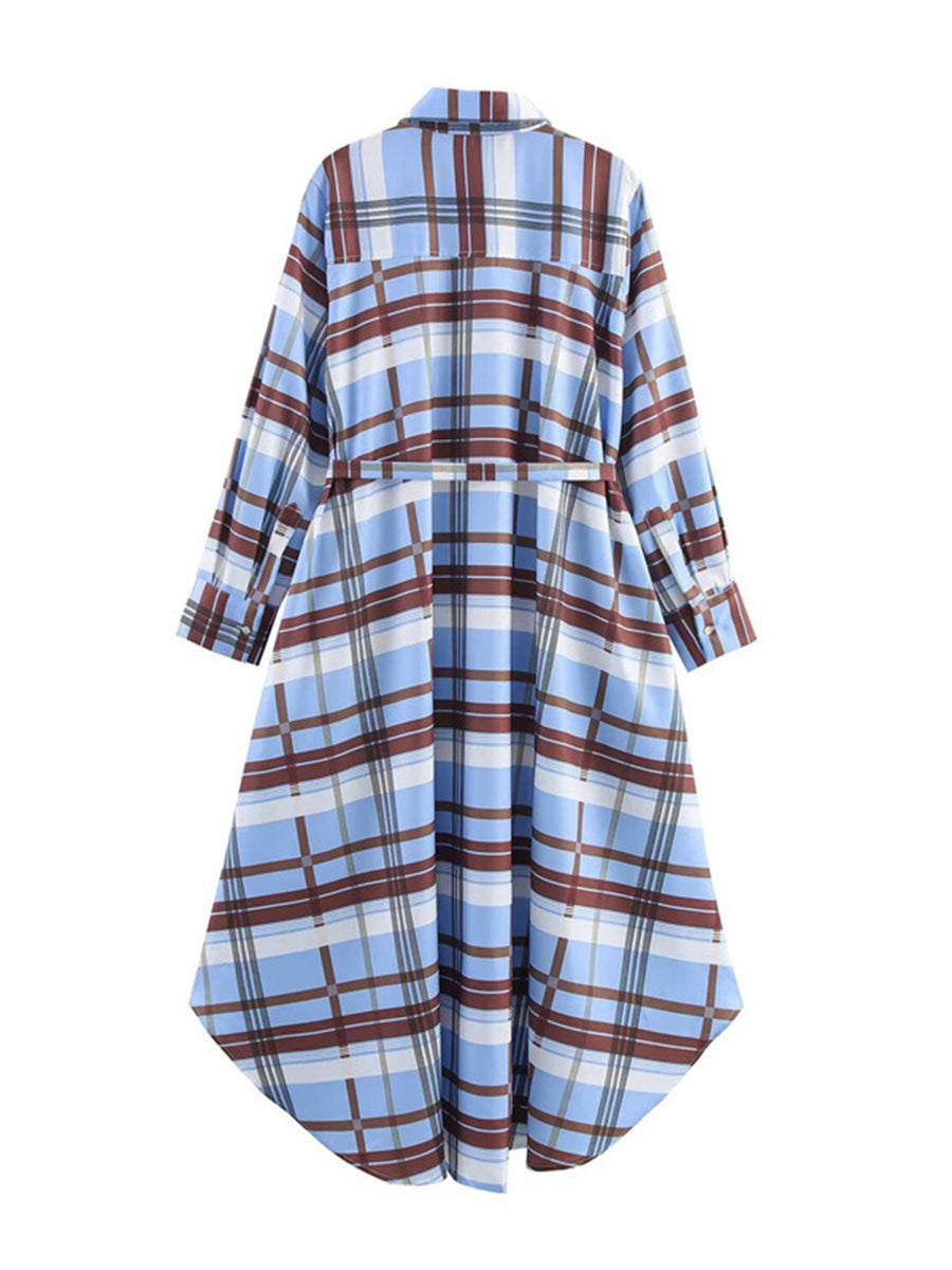 Tied Plaid Contrast Color Buttoned Loose Long Sleeves Lapel Midi Dresses