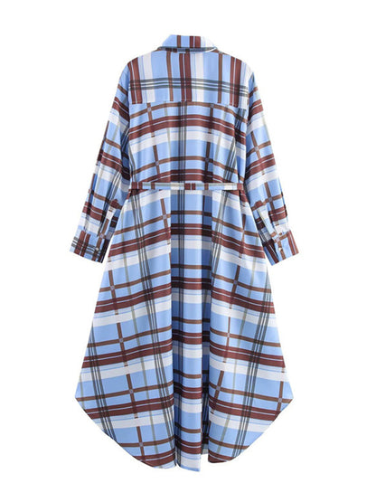 Tied Plaid Contrast Color Buttoned Loose Long Sleeves Lapel Midi Dresses
