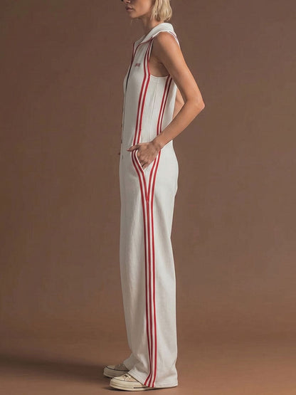 Loose Sleeveless Buttoned Pockets Striped Lapel Jumpsuits