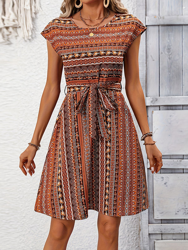 A-Linie Lockere Minikleider in Kontrastfarbe mit gebundener Taille und Rundhalsausschnitt 