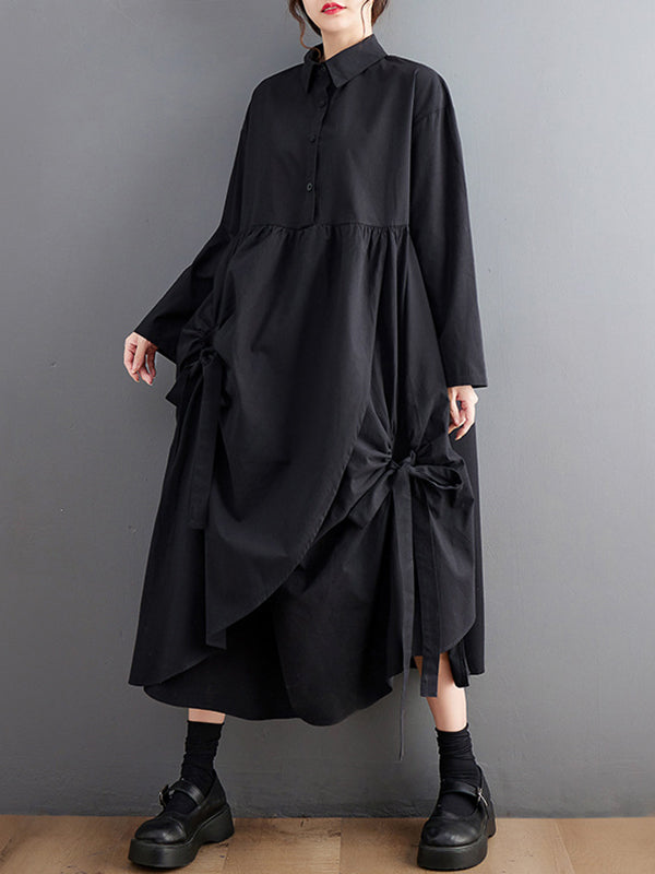 A-Line Long Sleeves Buttoned Pleated Pockets Solid Color Tied Lapel Midi Dresses Shirt Dress