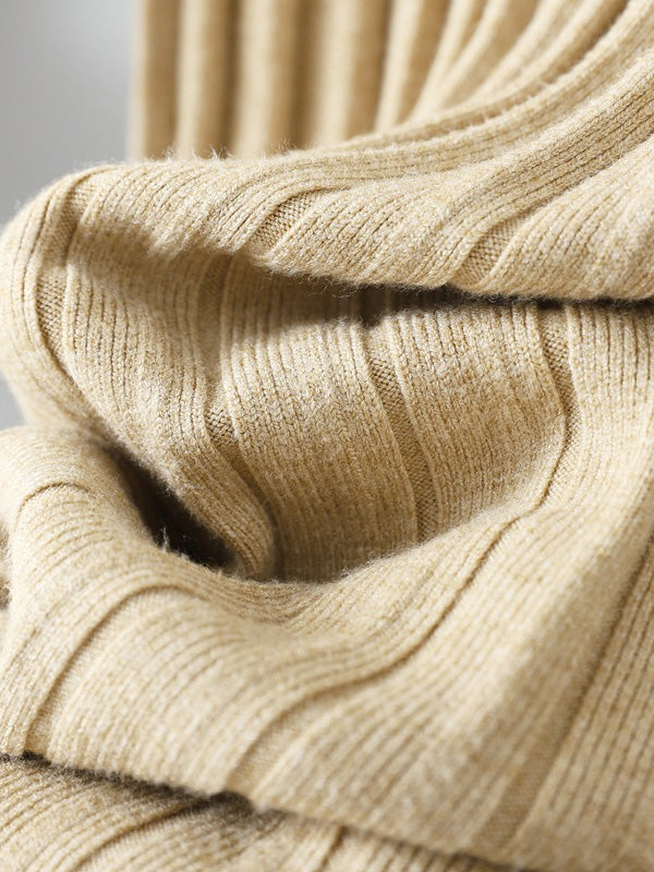 Stylish Long Sleeves High Waisted Pleated Solid Color Half Turtleneck Sweater Dresses