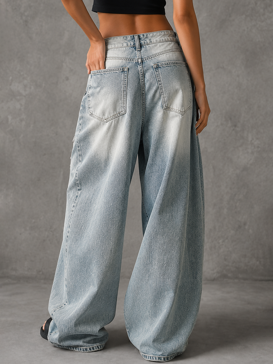 High Waisted Wide Leg Buttoned Contrast Color Hollow Pockets Split-Joint Jean Pants Bottoms