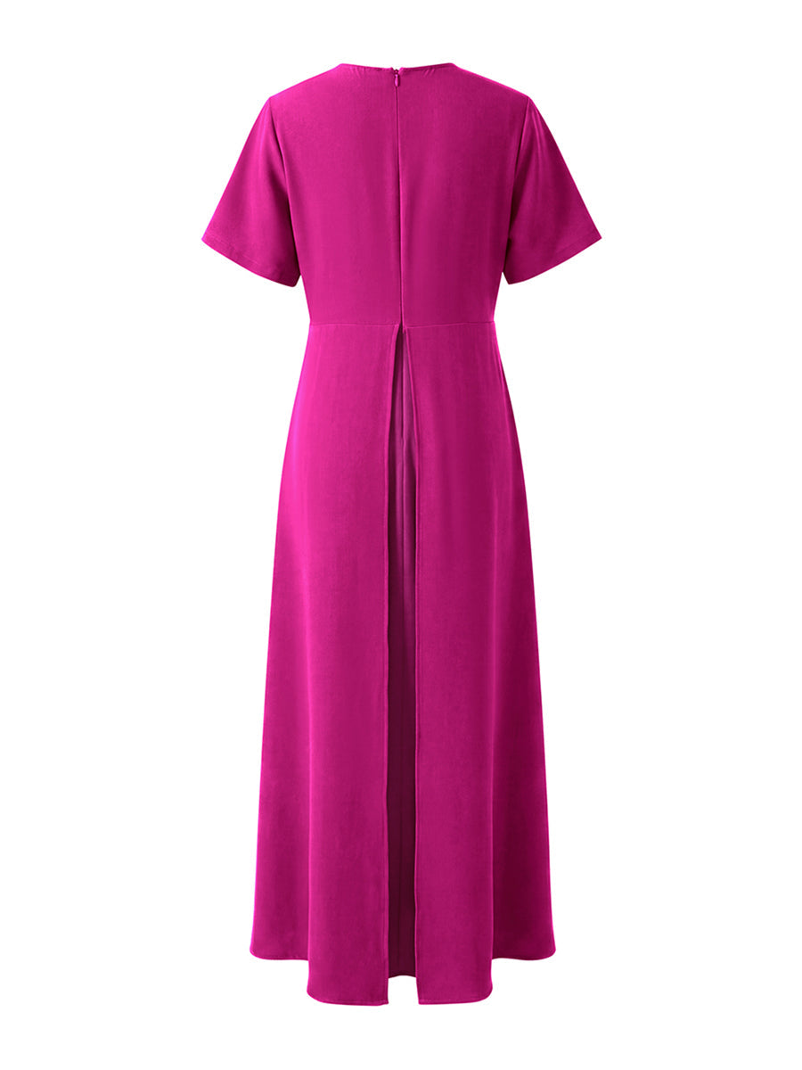 Split-Joint Solid Color Pleated Short Sleeves Loose Round-Neck Maxi Dresses