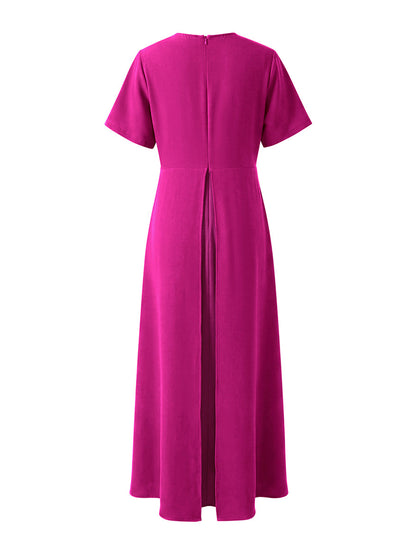 Split-Joint Solid Color Pleated Short Sleeves Loose Round-Neck Maxi Dresses