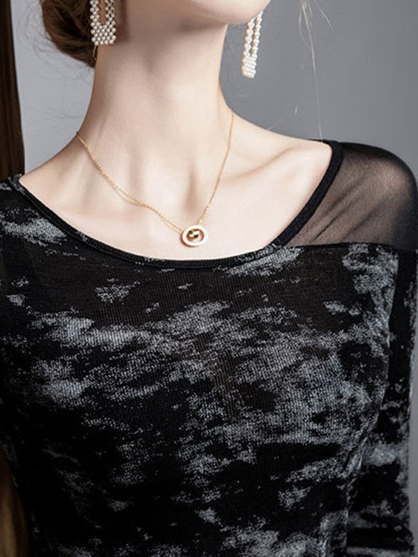 Irregularity Long Sleeves Asymmetric Graffiti Printed Mesh Split-Joint Round-Neck T-Shirts Tops