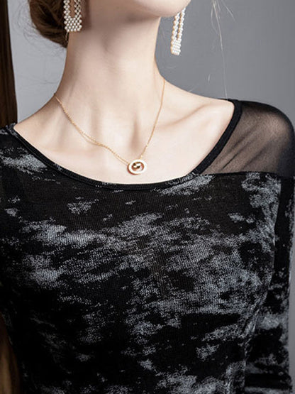 Irregularity Long Sleeves Asymmetric Graffiti Printed Mesh Split-Joint Round-Neck T-Shirts Tops