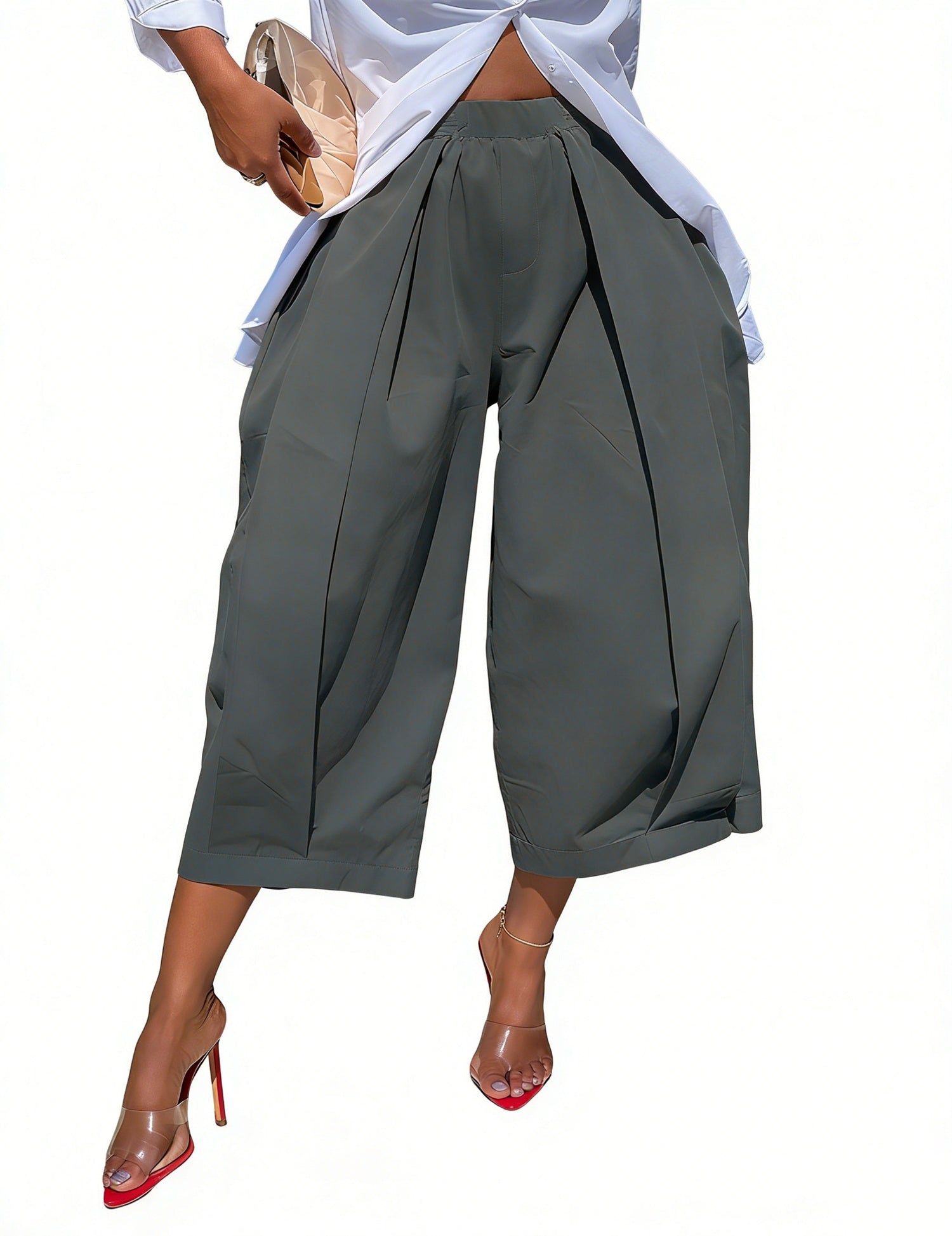 Solid Color Pockets Pleated Wide Leg Loose Pants