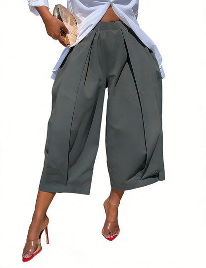 Solid Color Pockets Pleated Wide Leg Loose Pants