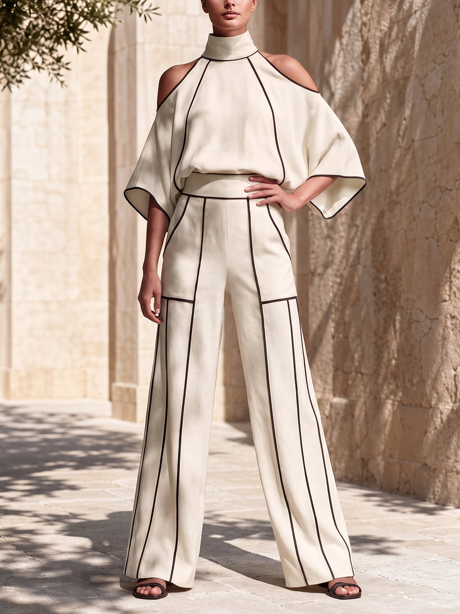 Striped Pockets Elasticity Contrast Color High Waisted Trousers Pants