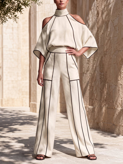 Striped Pockets Elasticity Contrast Color High Waisted Trousers Pants