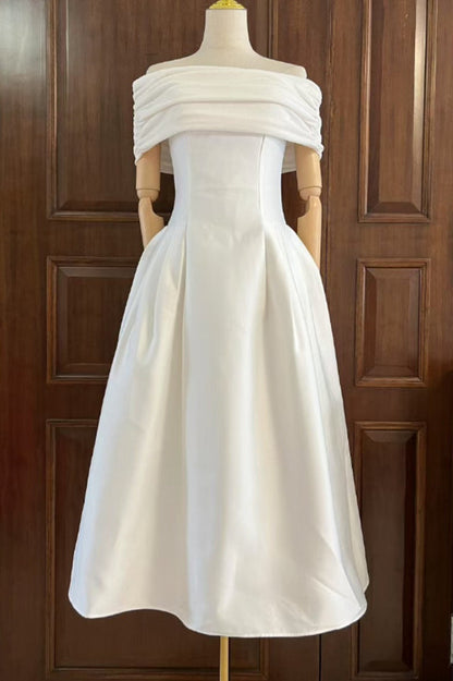 Vivian Off Shoulder Flare Satin Midi Dress