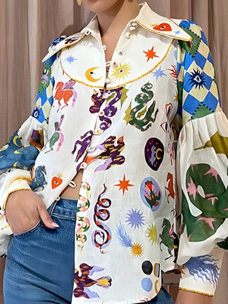 Printed Contrast Color Buttoned Puff Sleeves Long Sleeves Lapel Blouses&shirts Tops