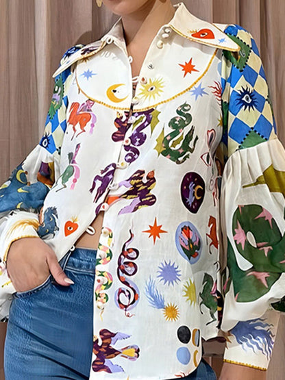 Printed Contrast Color Buttoned Puff Sleeves Long Sleeves Lapel Blouses&shirts Tops