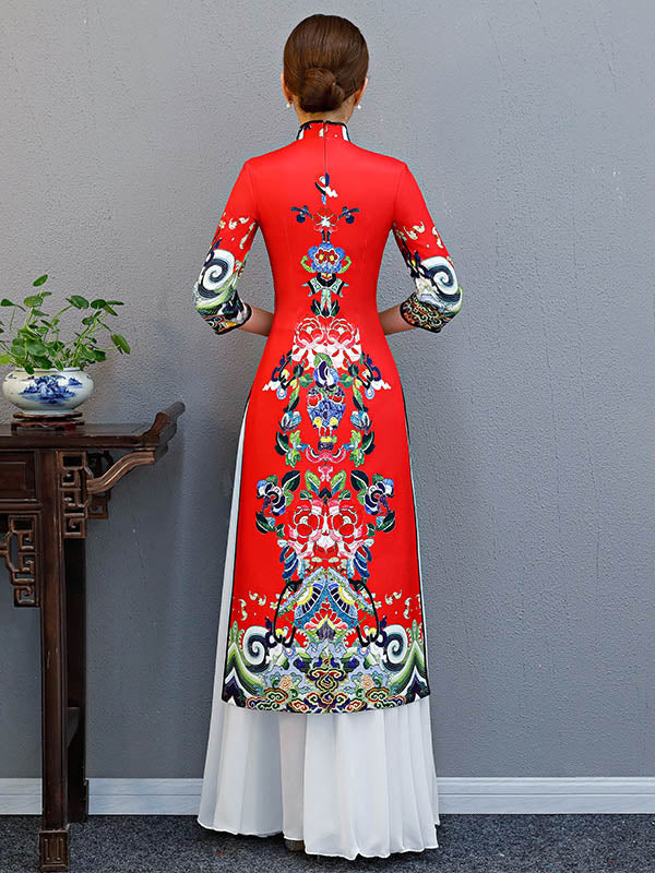 Red Split-Joint Seven-Quarter Sleeves Ao Dai Long Cheongsams