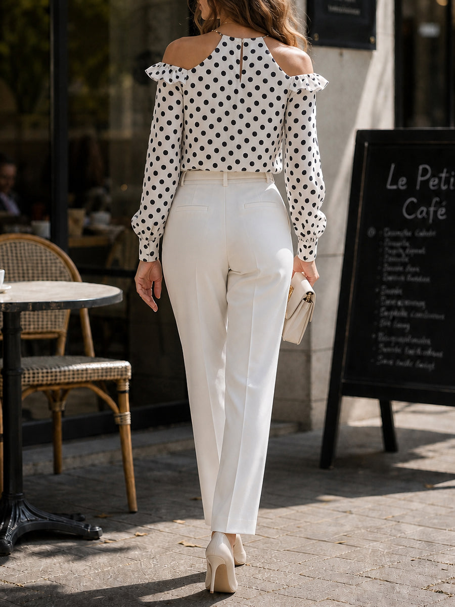 Ruffled Polka-Dot Long Sleeves Halter-Neck Blouses&shirts Tops