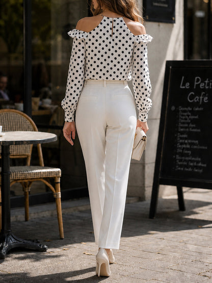 Ruffled Polka-Dot Long Sleeves Halter-Neck Blouses&shirts Tops