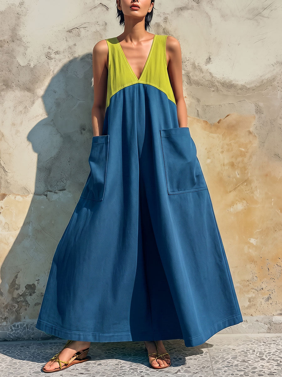 Split-Joint Pockets Contrast Color Sleeveless Loose V-neck Maxi Dresses
