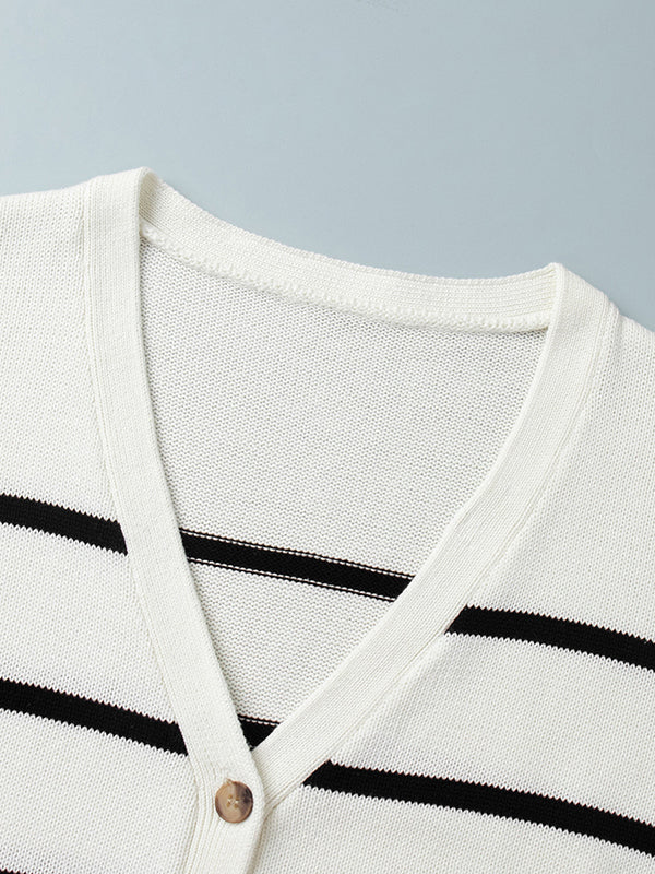 Long Sleeves Loose Split-Joint Striped V-Neck Cardigan Tops