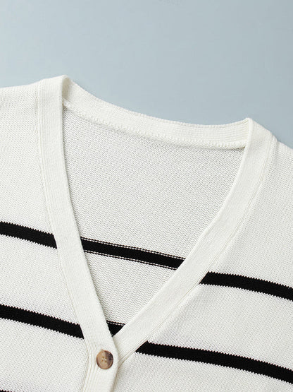 Long Sleeves Loose Split-Joint Striped V-Neck Cardigan Tops