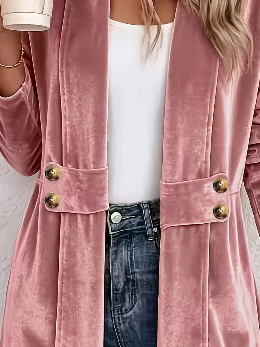 Velvet Solid Color Buttoned Loose Long Sleeves Collarless Outerwear