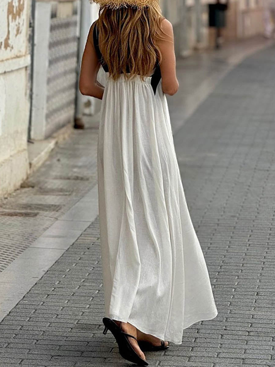 A-Line Loose Backless Contrast Color Halter-Neck Midi Dresses