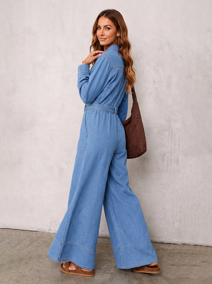 Split-Joint Solid Color Pockets Buttoned Belted Wide Leg Long Sleeves Lapel Jumpsuits